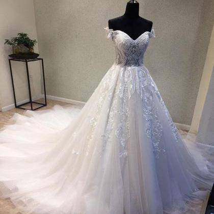 Elegant A-Line Off Shoulder Tulle Lace Appliques Long White Wedding ...