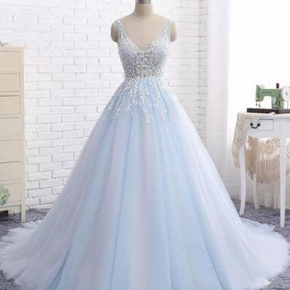 Elegant V Neck Tulle Sequins Appliques Prom Dress,Blue Party Dress Evening Dress cc2789 main image 0