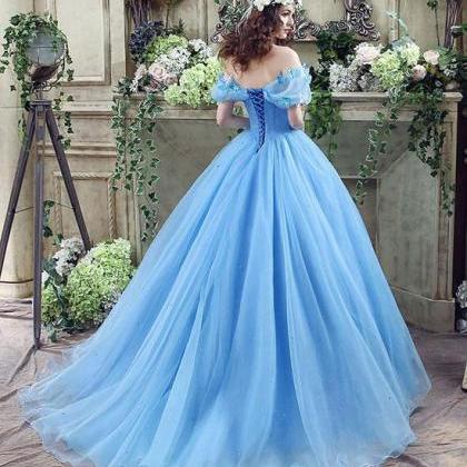 Elegant A-line Off Shoulder Blue Tulle Long Prom/evening Dress With ...