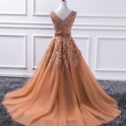 A Line V Neck Sparkly Tulle Champange Prom Dress LBQ1321 main image 1