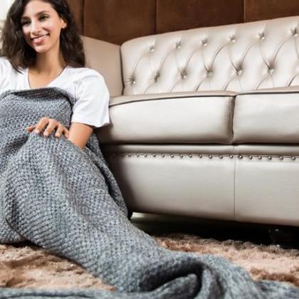 Super Soft Crochet Gray Mermaid Tail Sofa Blanket..