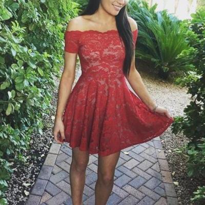 Stylish A-Line Off-Shoulder Red Lace Short Homecoming Dress
