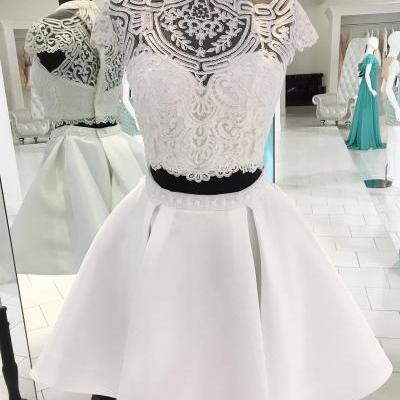 Two-Piece A-Line High Neck Short White Homecoming Dress with Pockets