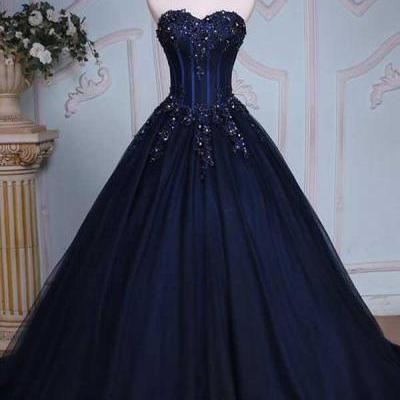 Princess A-Line Sweetheart Navy Blue Ball Gown Court Train Navy Blue Long Prom Dress with Lace Up