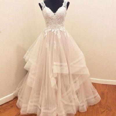 Custom Made A-Line Tulle Lace Long Prom/Wedding Dress with Appliques