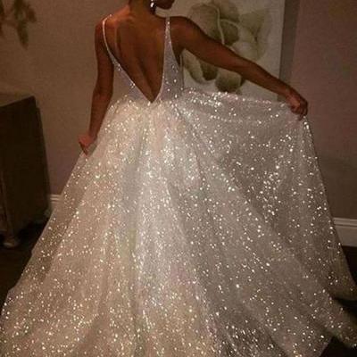 Sparkly A-Line V-Neck White Sequined Long Prom/Evening Dress with Open Back
