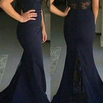 Navy Off-the-shoulder Long Mermaid Prom Dress with Train