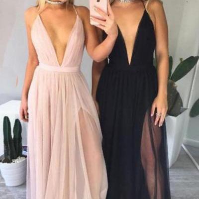Sexy Deep V-Neck Pink/Black Tulle Long Prom/Evening Dress