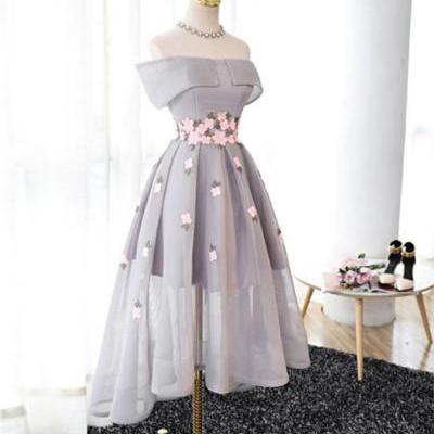 Elegant A-Line Off-Shoulder High-Low Gray Organza Prom/Bridesmaid Dress