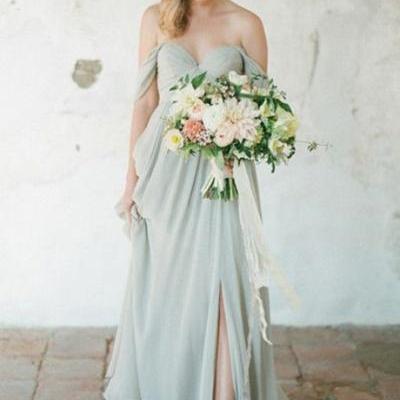Elegant A-Line Off-Shoulder Split-Front Long Chiffon Bridesmaid Dress