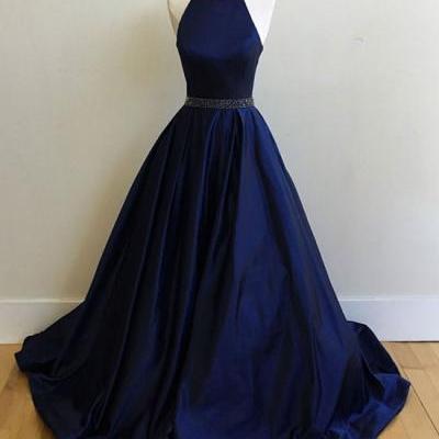 Simple A-Line Halter Dark Blue Long Prom/Evening Dress with Beading