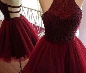 A-Line Burgundy Chiffon Halter Appliques Short Homecoming Dress  PD399