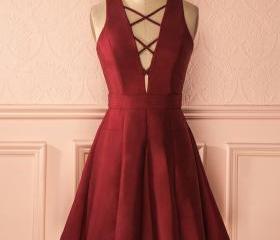 A Line V Neck Sleeveless Burgundy Split Prom Dress with Appliques LBQ2110