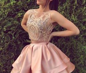 A-Line Burgundy Ruffle Tiered Satin Short Homecoming Dress with Appliques VK0101011 main image 1