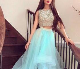 Cute A-line Two-piece Tulle Long Prom/evening Dress With Sequined on Luulla