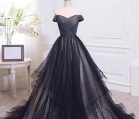 Elegant A Line Off Shoulder Black Tulle Floor Length Prom Evening Dress