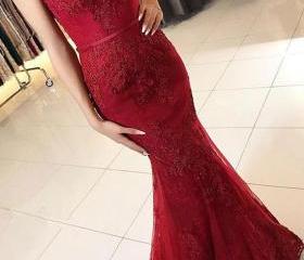 Fabulous Burgundy Spaghetti Straps Sleeveless Piping Lace Mermaid Prom Dress main image 1