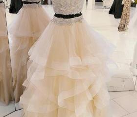 Beautiful Two Pieces Halter Long Evening Prom Dress With Ruffle,Tiered Chiffon Party Gown Y8025