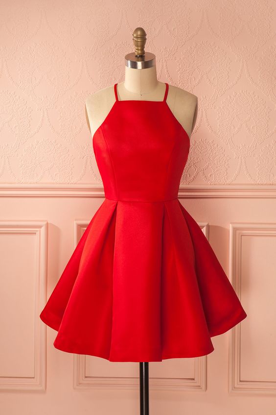 Sexy A-line Spaghetti Straps Satin Red Homecoming Dress With Pleats