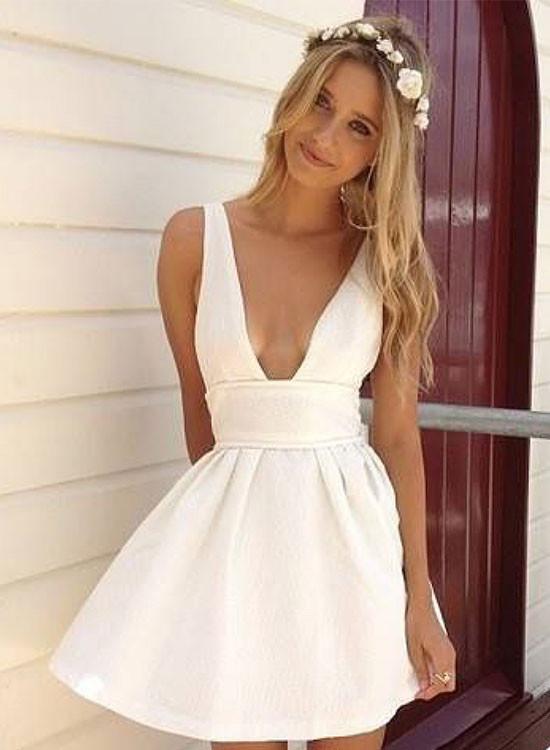Summer A-line Deep V-neck White Satin Short Homecoming/graduation Dress