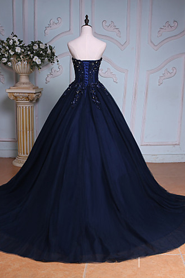 Princess A Line Sweetheart Navy Blue Ball Gown Court Train Navy Blue Long Prom Dress With Lace 