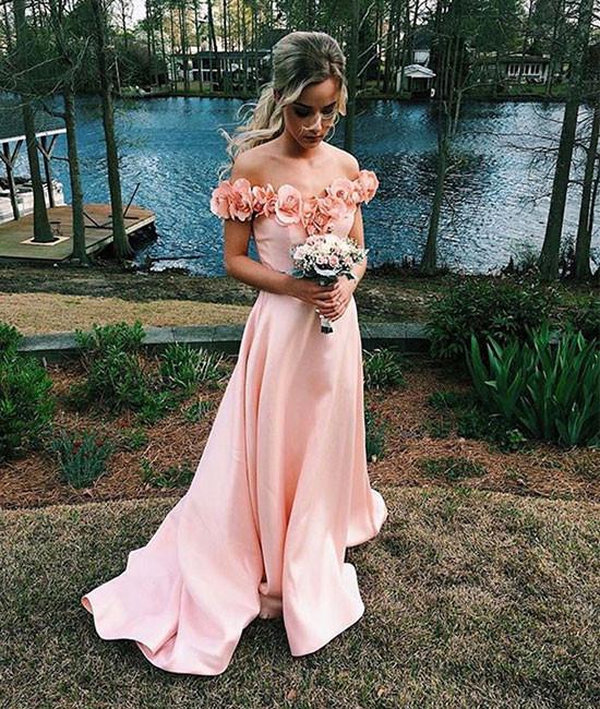 Fashion A Line Off Shoulder Pink Satin Long Promevening Dress With Flowers On Luulla 7499