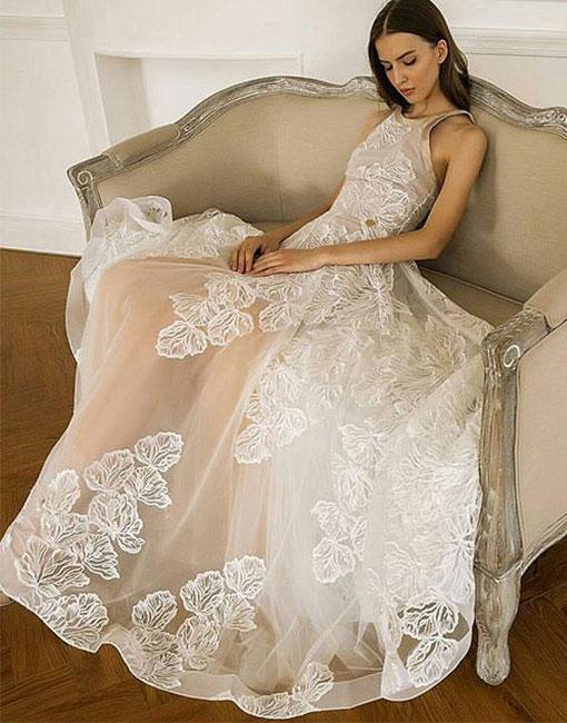 Unique A-line Round Neck Champagne Lace Tulle Long Prom/eevening/wedding Dress