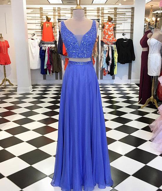 Stylish Two-Piece V-Neck Blue Chiffon Long Prom/Evening Dress With ...