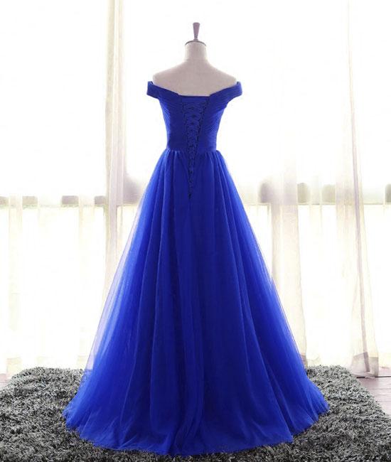 Simple A-Line Off Shoulder Blue Tulle Floor Length Prom/Evening Dress ...