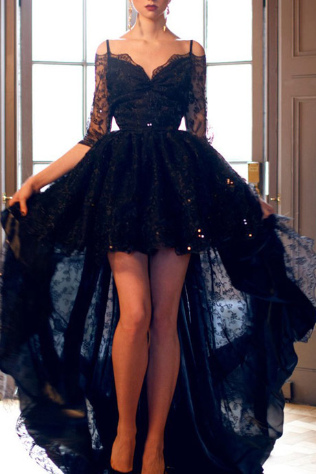 Sexy A-line Spaghetti Straps V-neck Hi-lo Black Lace Beaded Prom/homecoming Dress
