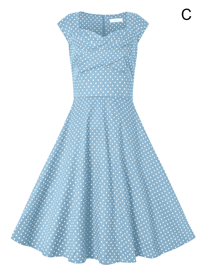 Vintage Style Square Neck Light Blue Polka Dots Dress For Women on Luulla