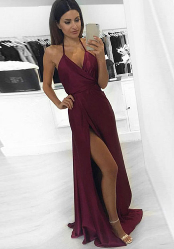 long sleeve floor length burgundy dress