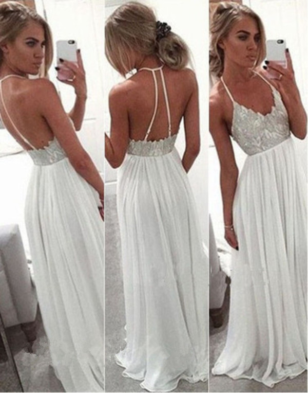 A Line Long Chiffon White Evening Gowns 2017 Spaghetti Strap Open Back Prom Dress