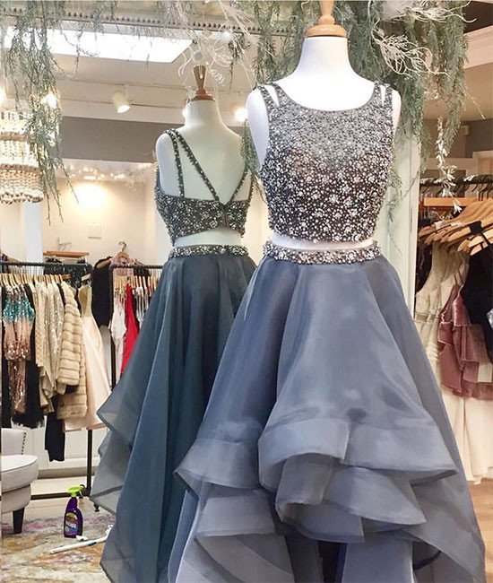 A-line Two-piece Gray Tulle Long Prom Dress With Beading