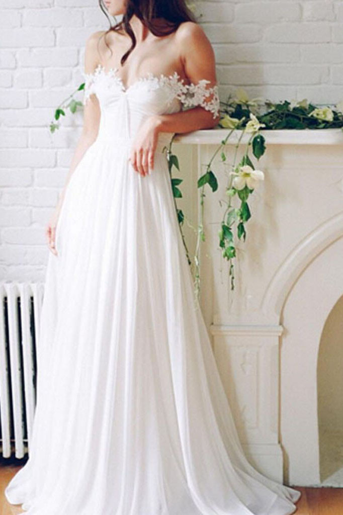 Beautiful A-line Off-shoulder White Long Wedding Dress With Lace