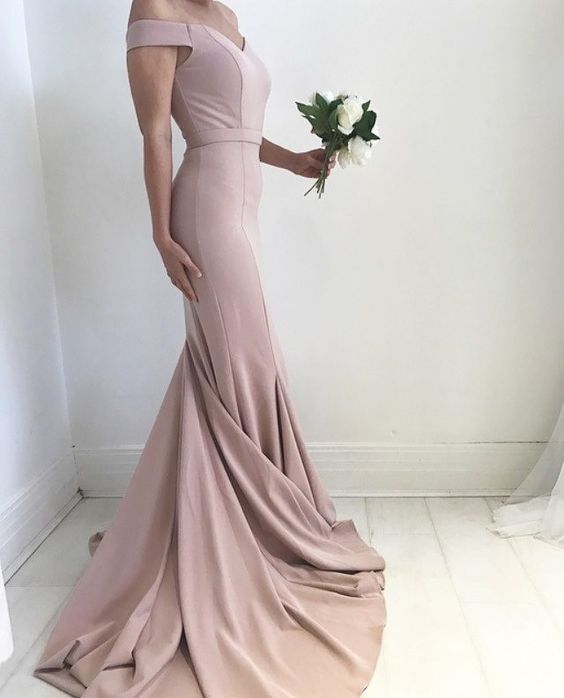 Blush Pale Pink Mermaid Off-Shoulder Sweep Train Long Prom Dress on Luulla