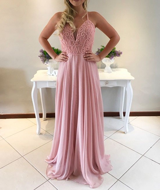Pretty A Line Spaghetti Straps Pink Evening Dress Long Prom Dresses main image 1