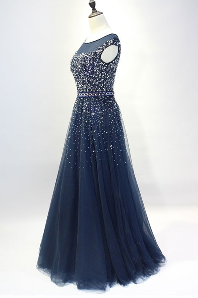 Glamorous Aline Round Neck Navy Blue Long Prom/evening Dress With