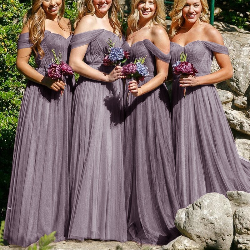 Simple A-line Off-the-shoulder Grey Tulle Floor-length Bridesmaid Dress ...