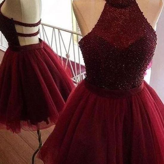 Stunning A Line Halter Backless Burgundy Tulle Short Homecoming Dress With Beading On Luulla 3130