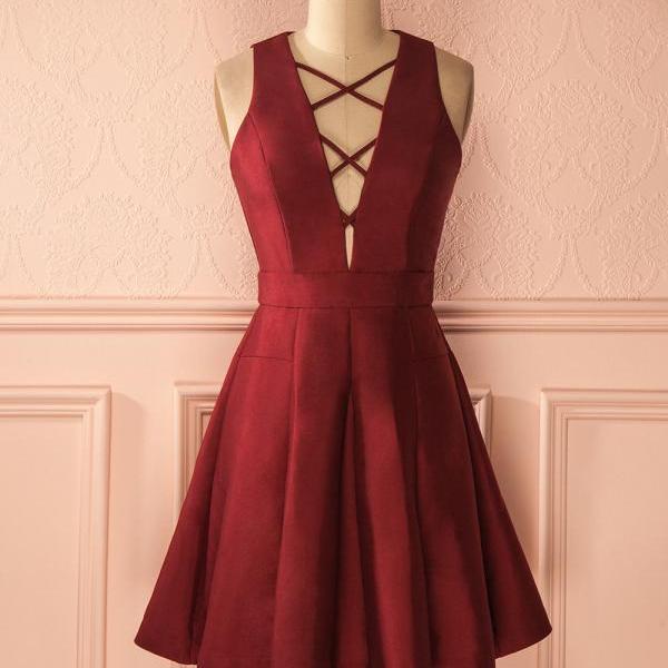 Sexy Burgundy Strapless A Line Satin Short Prom Dress Homecoming Dress Y8429