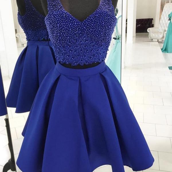 Luxurious A-Line Two-Piece V-Neck Royal Blue Satin Short Homecoming ...