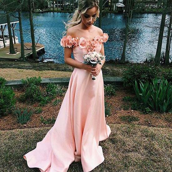 Fashion A-Line Off-Shoulder Pink Satin Long Prom/Evening Dress With ...