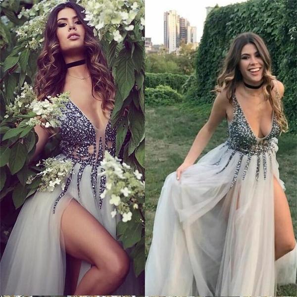 Sparkly A Line V Neck Black Tiered Tulle Long Prom Dresses with Appliques main image 0