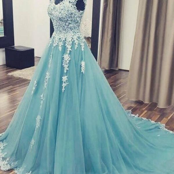 A Line Blue V Neck Tulle Appliques Open Back Prom Dress LBQ4076