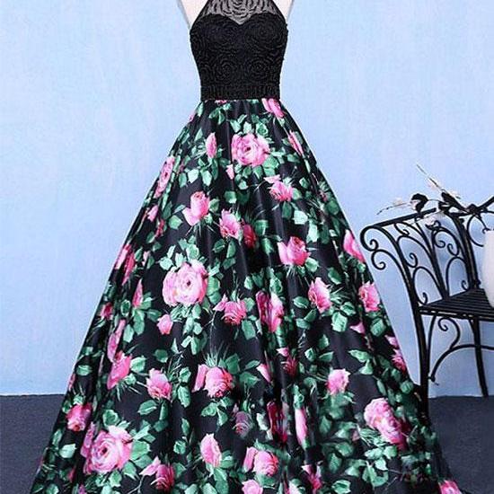 Selling A-line Halter Floral Print Long Prom/evening Dress With Beading ...