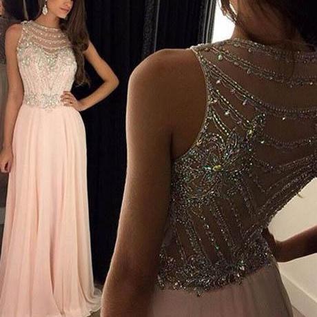 A Line Scoop Appliques Chiffon Pleats Pink Prom Dress LBQ3173
