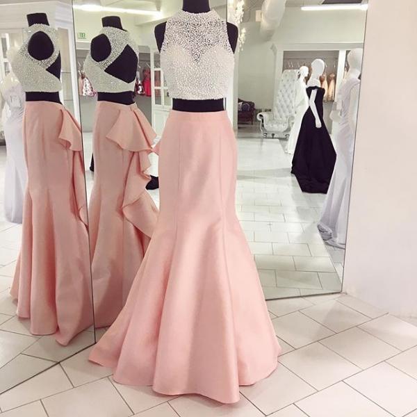 High Fashion Two Piece Pink Mermaid Long Prom Dress With White Top on ...
