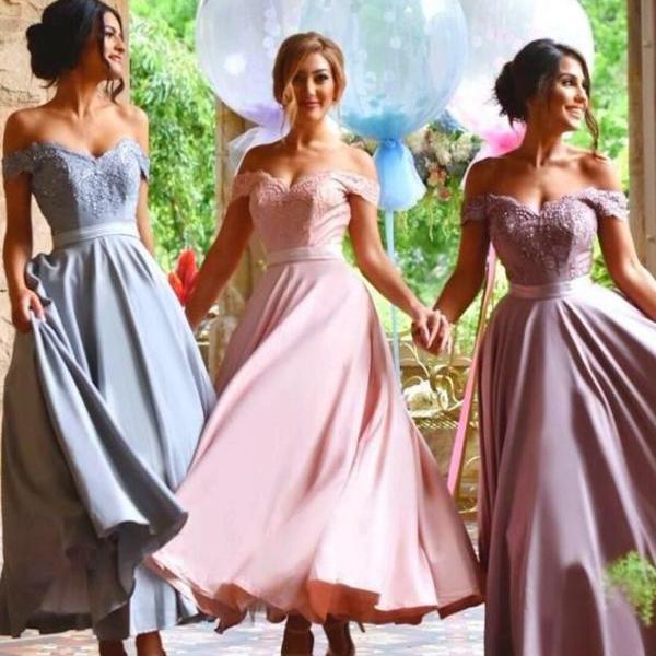 Charming A-Line Off-Shoulder Tea-Length Bridesmaid Dress With Appliques ...