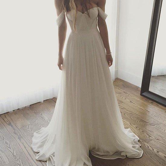 Chic A line Off The Shoulder White Wedding Dress With Short Sleeves